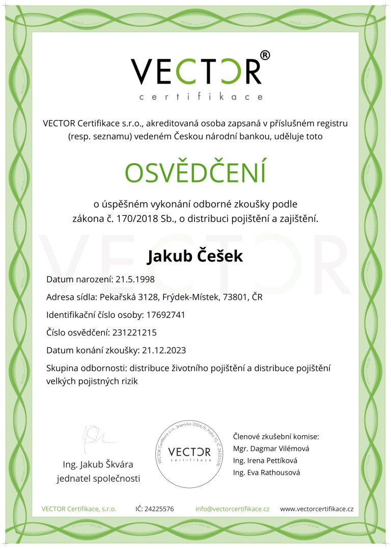 Osvědčení distribuce pojištění a zajištění