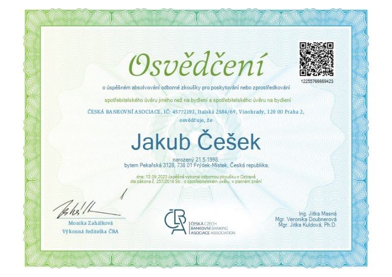 Osvědčení spotřebitelský úvěr